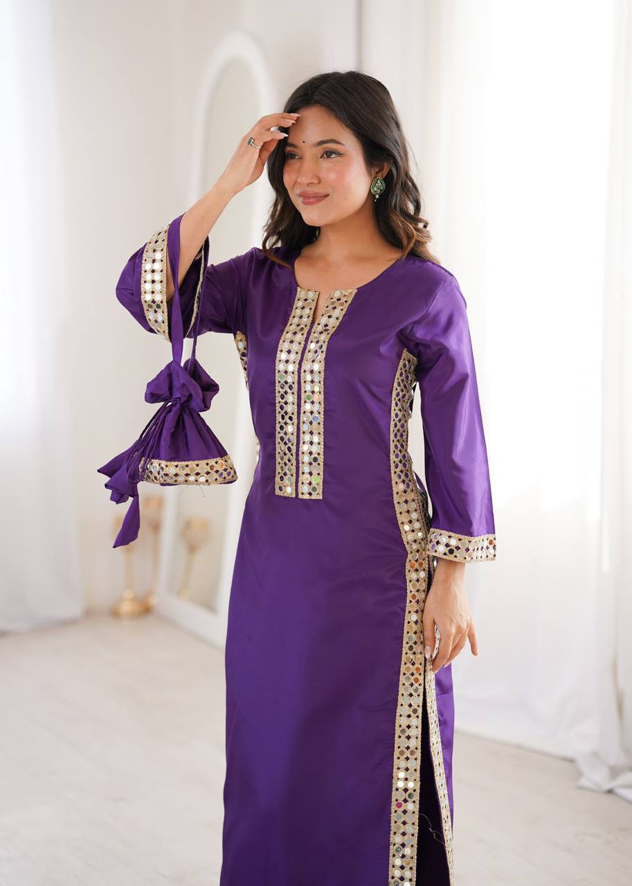 Premium Natural Crepe Kurti, Pant & Batwa – Real Mirror Lace Work