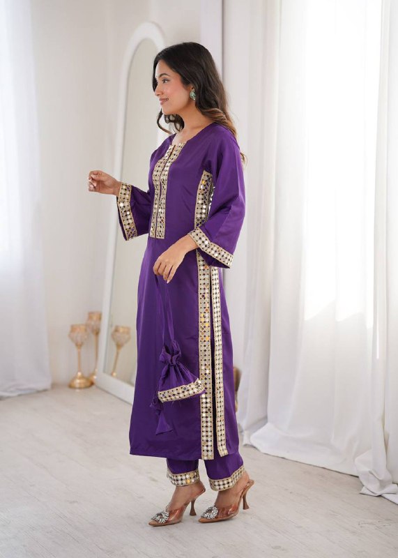 Premium Natural Crepe Kurti, Pant & Batwa – Real Mirror Lace Work