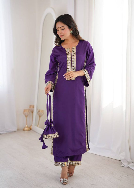 Premium Natural Crepe Kurti, Pant & Batwa – Real Mirror Lace Work