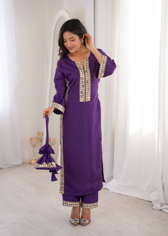 Premium Natural Crepe Kurti, Pant & Batwa – Real Mirror Lace Work