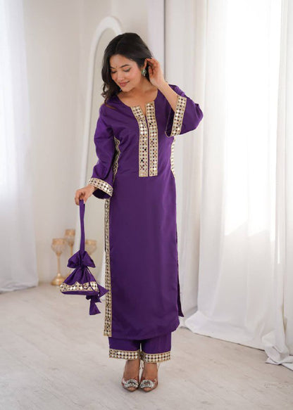 Premium Natural Crepe Kurti, Pant & Batwa – Real Mirror Lace Work