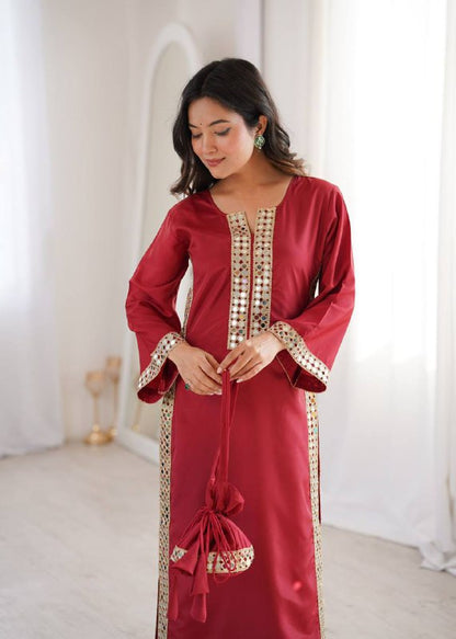 Premium Natural Crepe Kurti, Pant & Batwa – Real Mirror Lace Work