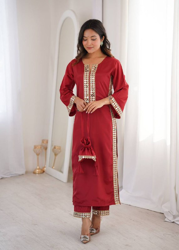 Premium Natural Crepe Kurti, Pant & Batwa – Real Mirror Lace Work