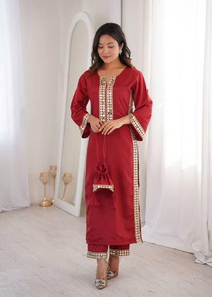 Premium Natural Crepe Kurti, Pant & Batwa – Real Mirror Lace Work