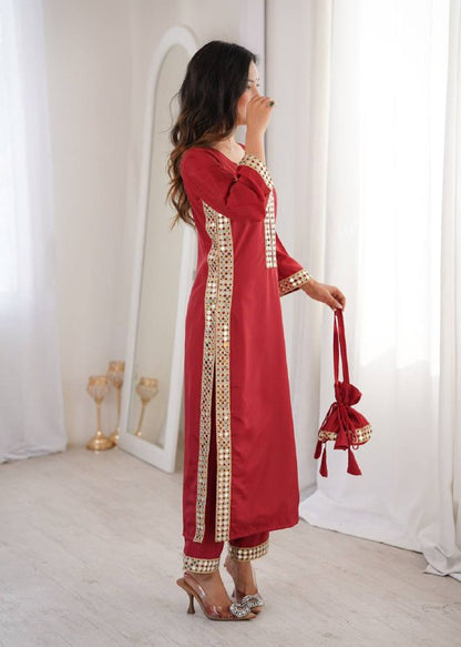 Premium Natural Crepe Kurti, Pant & Batwa – Real Mirror Lace Work