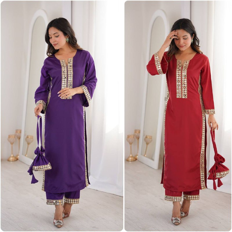 Premium Natural Crepe Kurti, Pant & Batwa – Real Mirror Lace Work