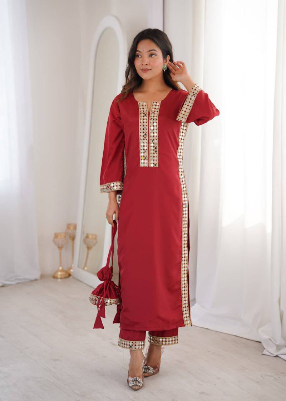 Premium Natural Crepe Kurti, Pant & Batwa – Real Mirror Lace Work