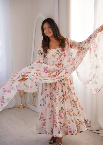 Premium Printed Georgette Gown, Pant & Dupatta – Lace Neckline