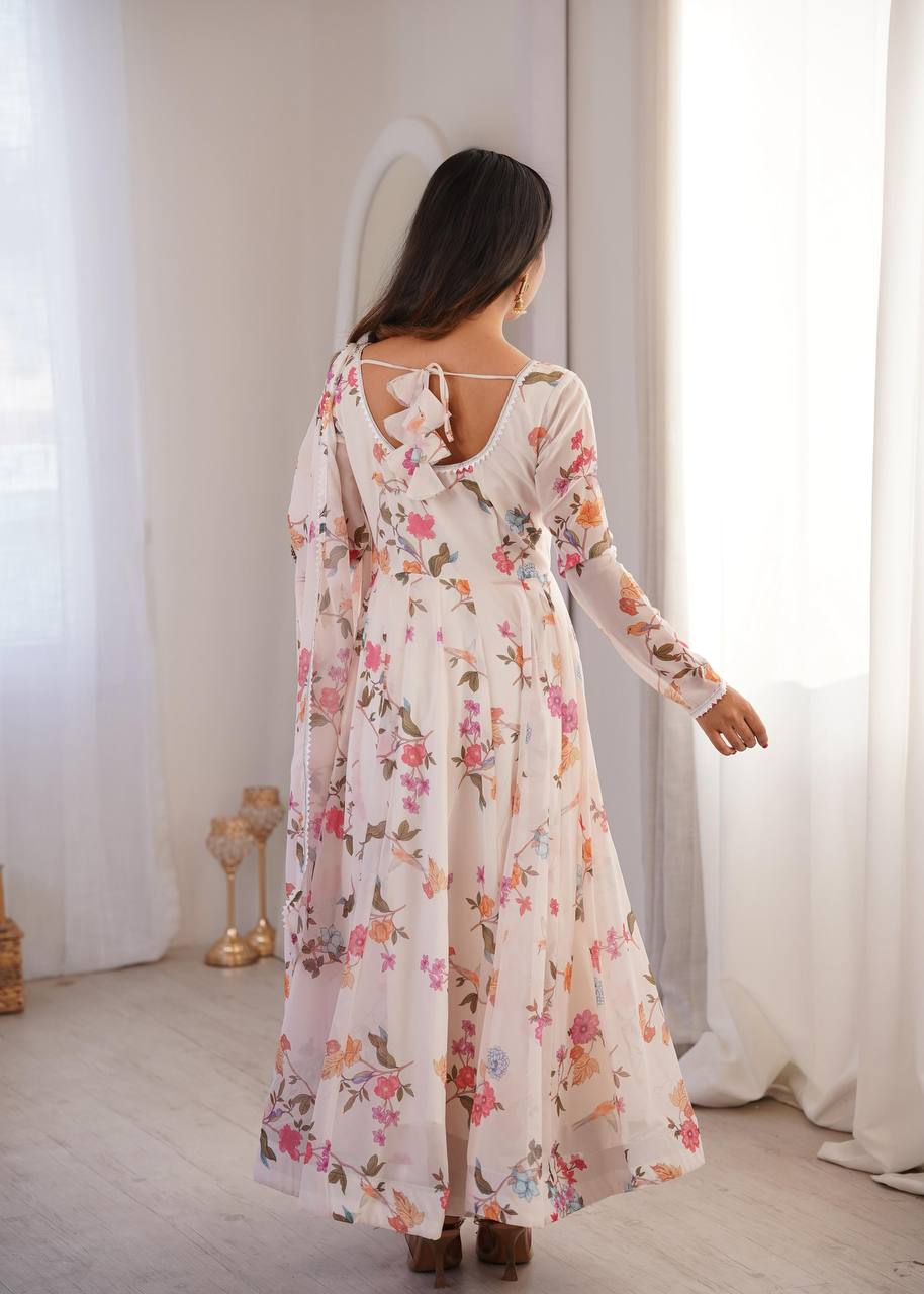Premium Printed Georgette Gown, Pant & Dupatta – Lace Neckline