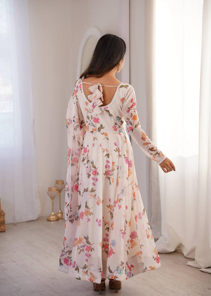 Premium Printed Georgette Gown, Pant & Dupatta – Lace Neckline