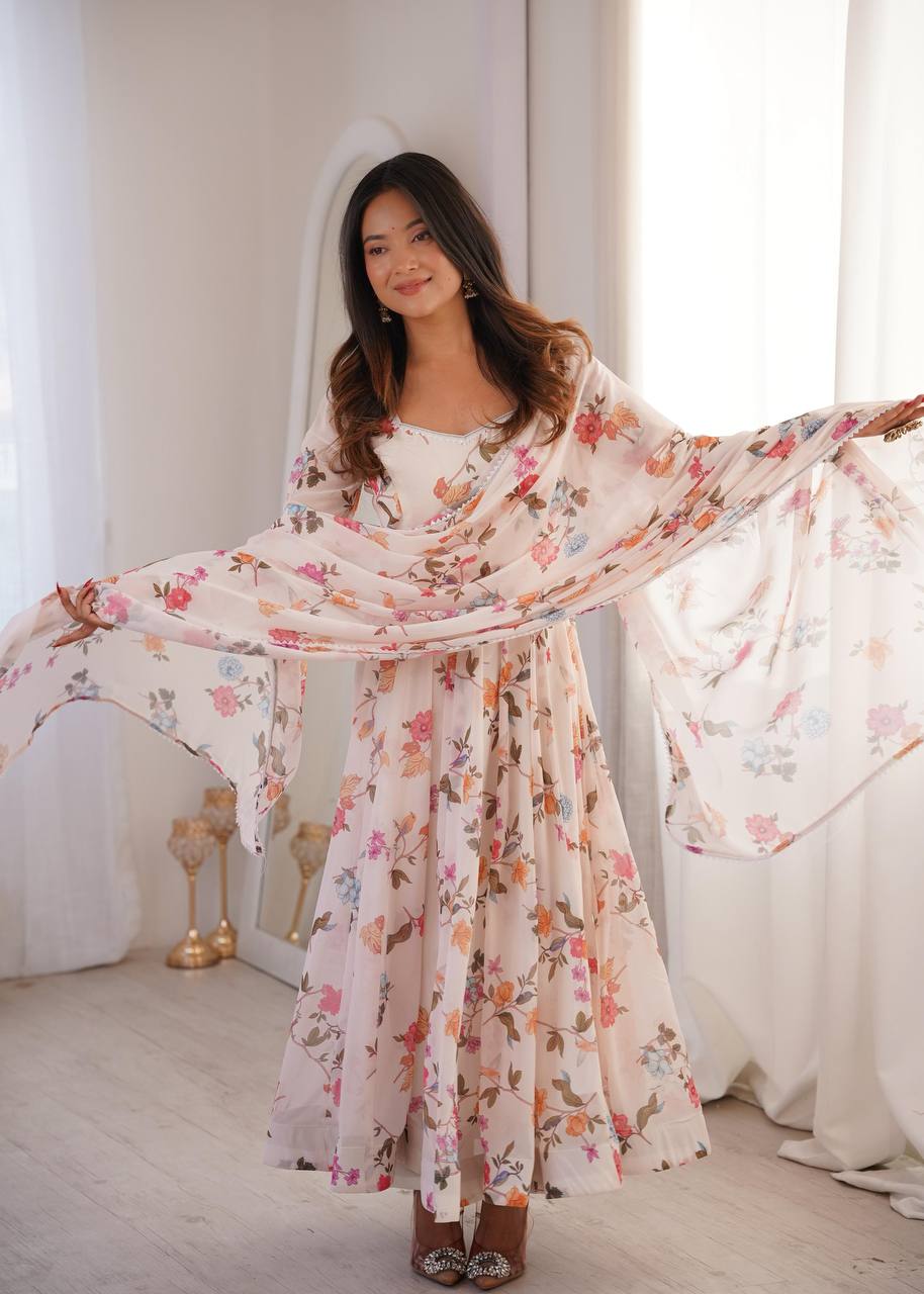 Premium Printed Georgette Gown, Pant & Dupatta – Lace Neckline