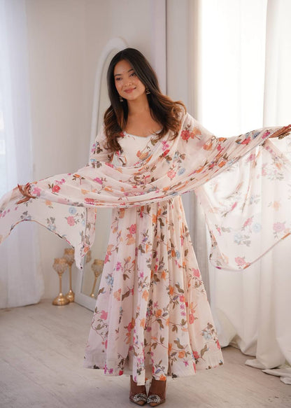 Premium Printed Georgette Gown, Pant & Dupatta – Lace Neckline
