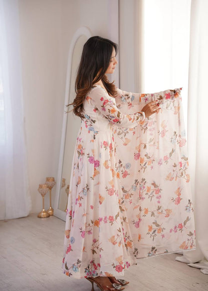 Premium Printed Georgette Gown, Pant & Dupatta – Lace Neckline