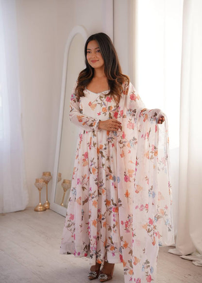 Premium Printed Georgette Gown, Pant & Dupatta – Lace Neckline