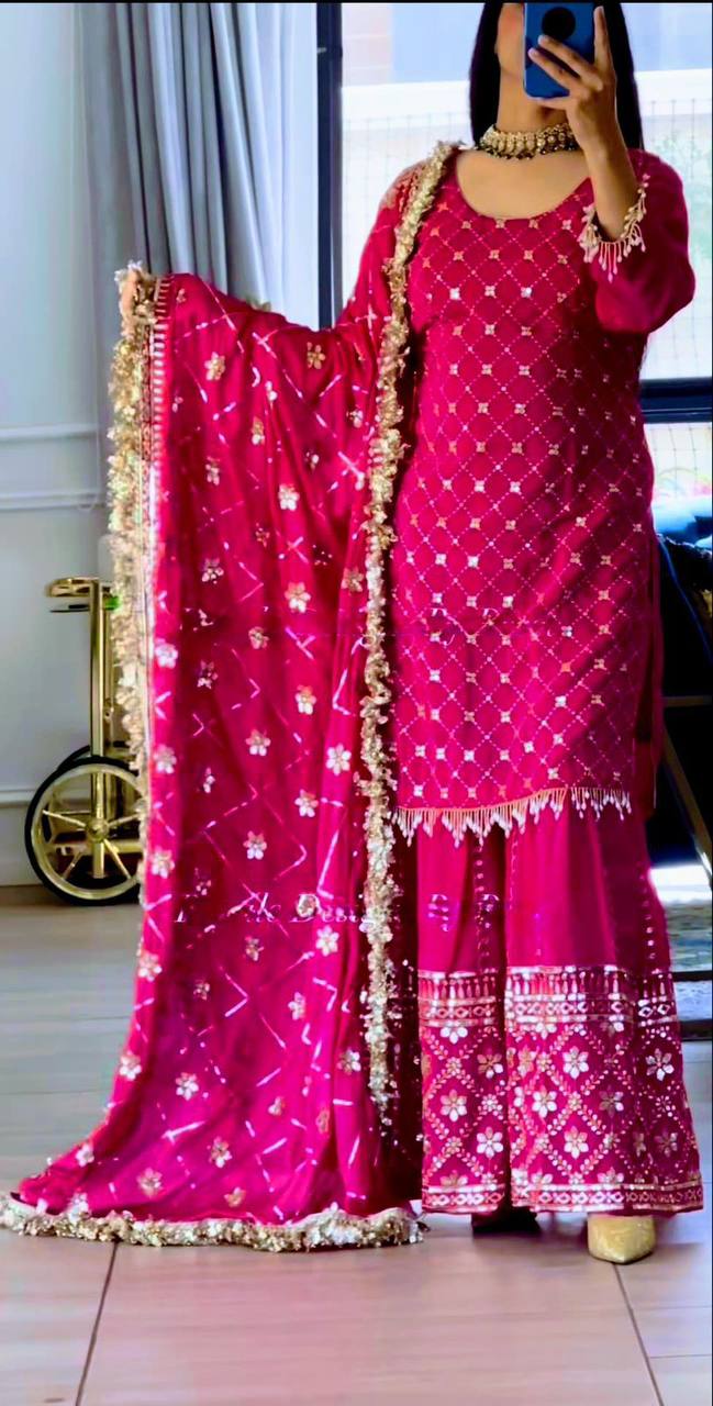 Premium Chinon Silk Party Wear Set – Sequins Embroidery