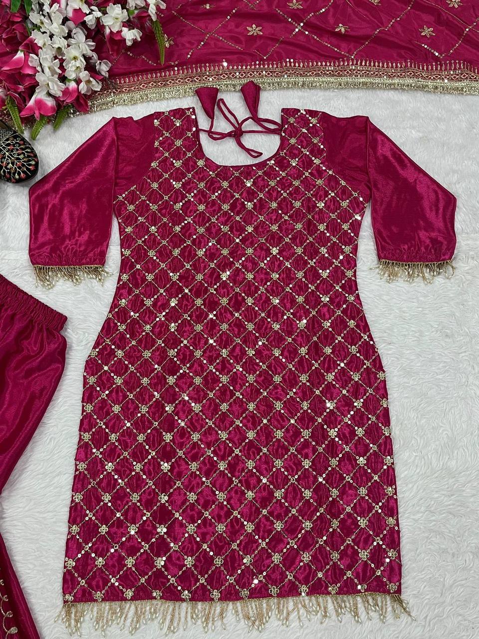 Premium Chinon Silk Party Wear Set – Sequins Embroidery