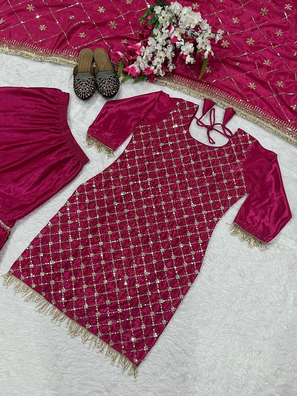 Premium Chinon Silk Party Wear Set – Sequins Embroidery