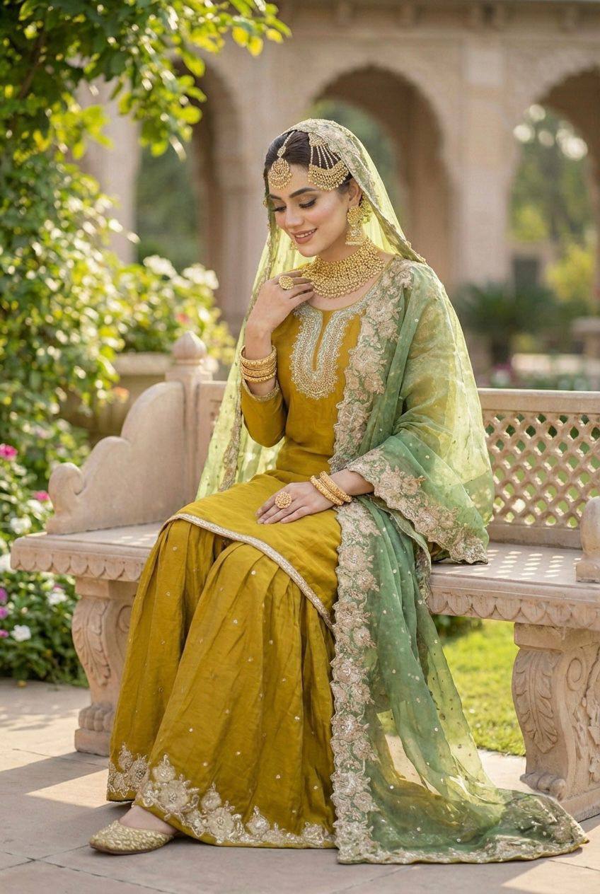 Premium Fendy Silk Party Wear Set – Sequins Embroidery Top, Sharara Palazzo & Dupatta