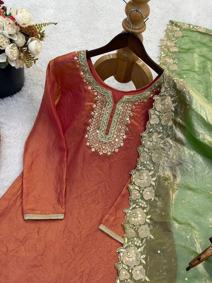 Premium Fendy Silk Party Wear Set – Sequins Embroidery Top, Sharara Palazzo & Dupatta