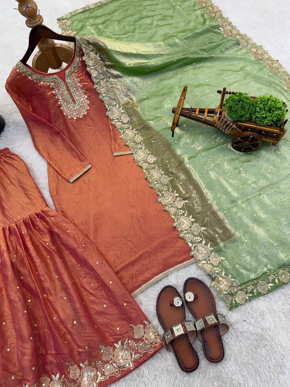 Premium Fendy Silk Party Wear Set – Sequins Embroidery Top, Sharara Palazzo & Dupatta