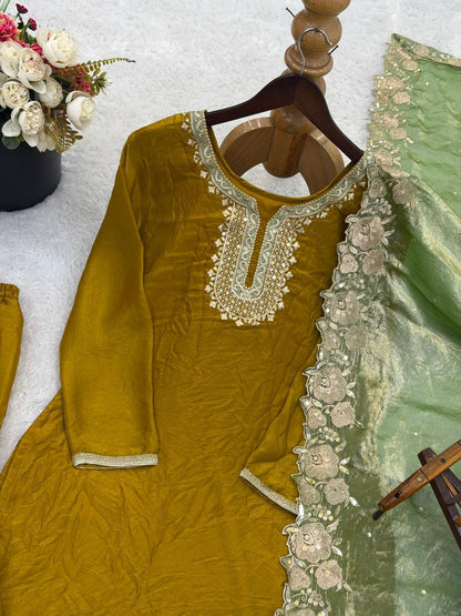 Premium Fendy Silk Party Wear Set – Sequins Embroidery Top, Sharara Palazzo & Dupatta