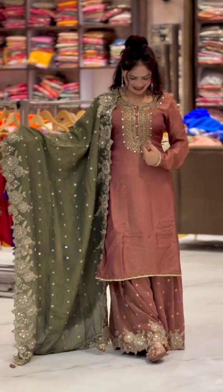 Premium Fendy Silk Party Wear Set – Sequins Embroidery Top, Sharara Palazzo & Dupatta