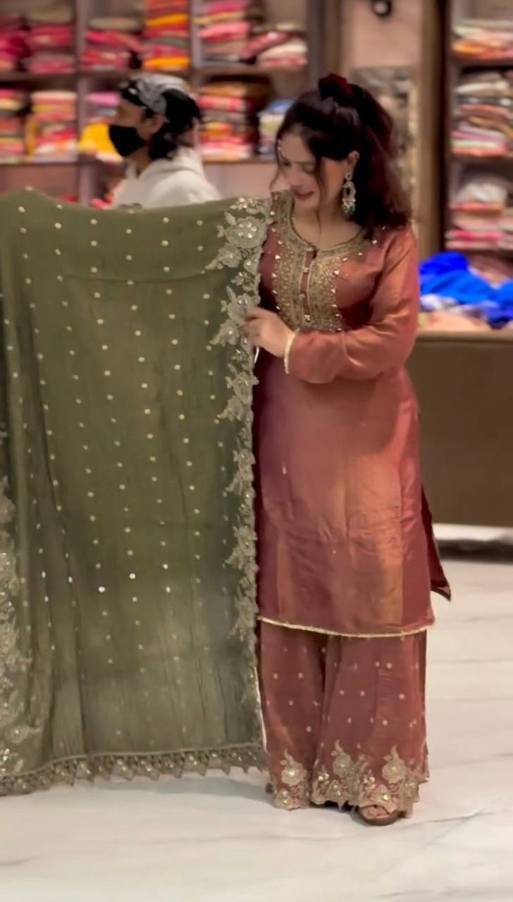 Premium Fendy Silk Party Wear Set – Sequins Embroidery Top, Sharara Palazzo & Dupatta