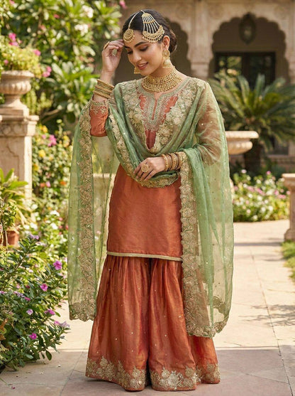 Premium Fendy Silk Party Wear Set – Sequins Embroidery Top, Sharara Palazzo & Dupatta