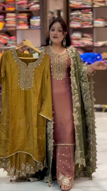 Premium Fendy Silk Party Wear Set – Sequins Embroidery Top, Sharara Palazzo & Dupatta