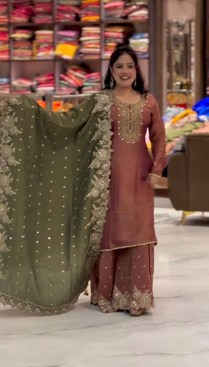 Premium Fendy Silk Party Wear Set – Sequins Embroidery Top, Sharara Palazzo & Dupatta