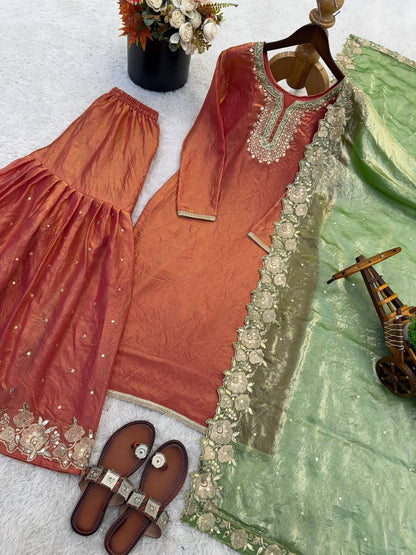 Premium Fendy Silk Party Wear Set – Sequins Embroidery Top, Sharara Palazzo & Dupatta