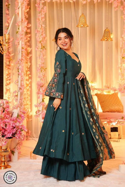 Premium PV‑Chanderi Top & Sharara with Silk‑Crepe Dupatta – Embroidery