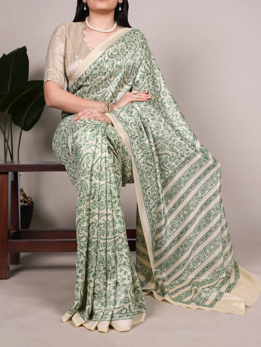 Timeless Tussar Silk Saree with Printed Blouse – Elegant Designer Drape