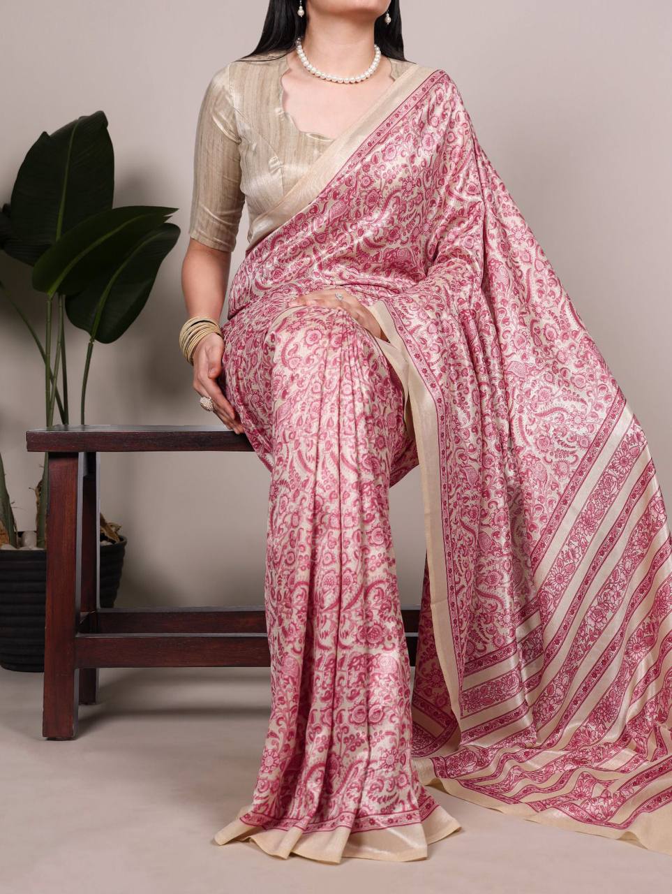 Timeless Tussar Silk Saree with Printed Blouse – Elegant Designer Drape