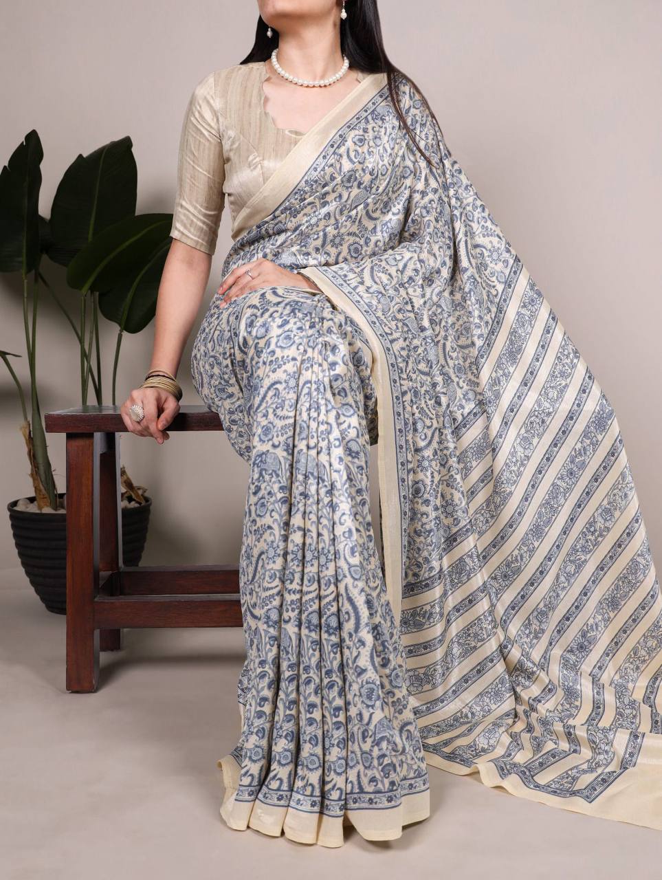 Timeless Tussar Silk Saree with Printed Blouse – Elegant Designer Drape