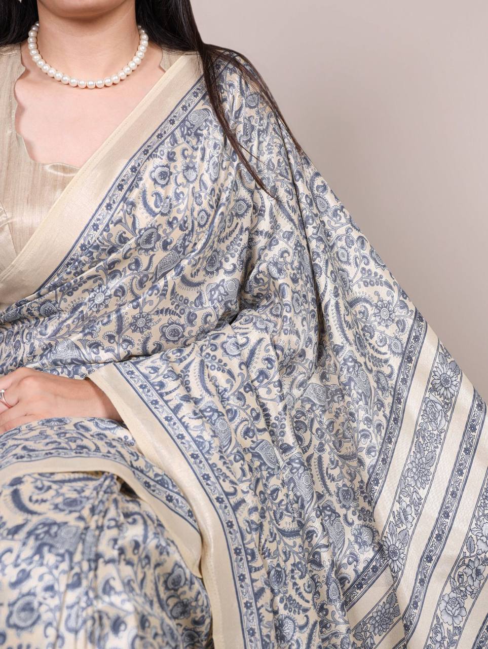 Timeless Tussar Silk Saree with Printed Blouse – Elegant Designer Drape