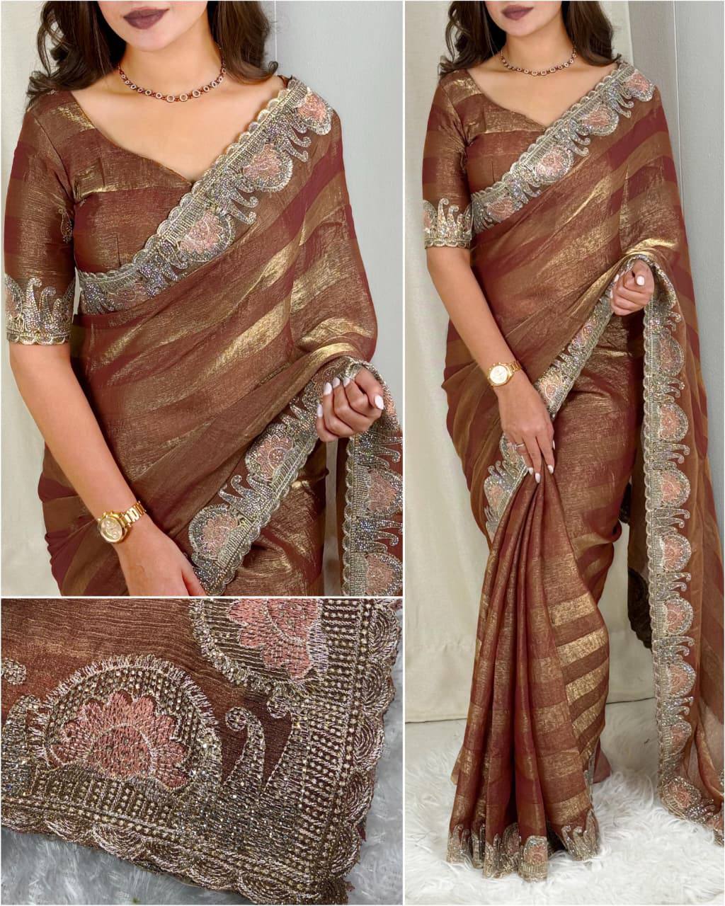 Premium Fandy Chiffon Saree with Zari & Swarovski Embroidery
