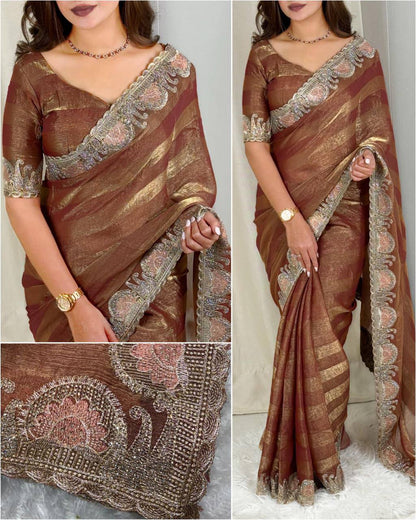 Premium Fandy Chiffon Saree with Zari & Swarovski Embroidery