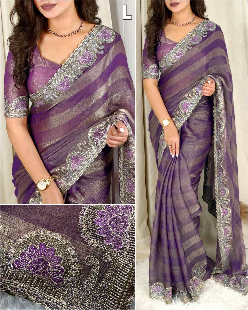 Premium Fandy Chiffon Saree with Zari & Swarovski Embroidery