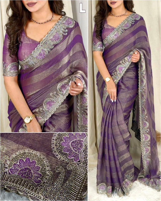 Premium Fandy Chiffon Saree with Zari & Swarovski Embroidery