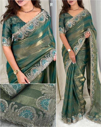 Premium Fandy Chiffon Saree with Zari & Swarovski Embroidery