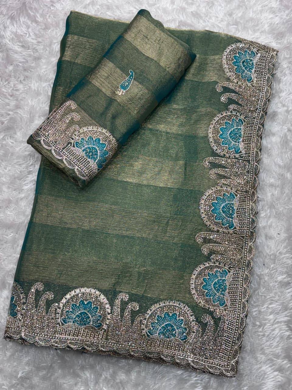 Premium Fandy Chiffon Saree with Zari & Swarovski Embroidery