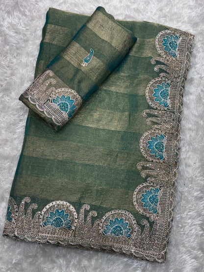 Premium Fandy Chiffon Saree with Zari & Swarovski Embroidery