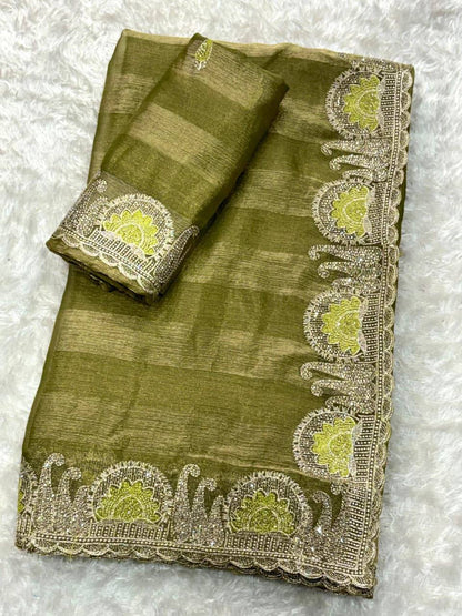 Premium Fandy Chiffon Saree with Zari & Swarovski Embroidery