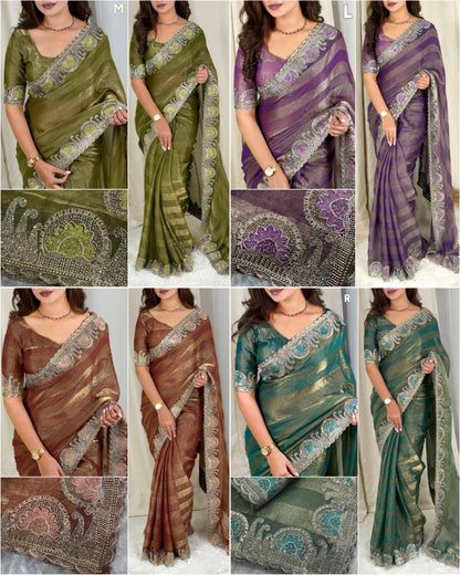 Premium Fandy Chiffon Saree with Zari & Swarovski Embroidery