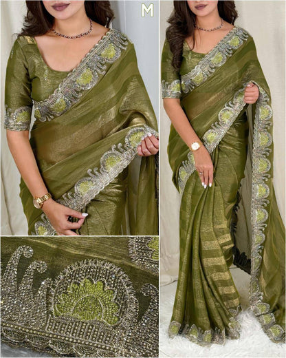 Premium Fandy Chiffon Saree with Zari & Swarovski Embroidery