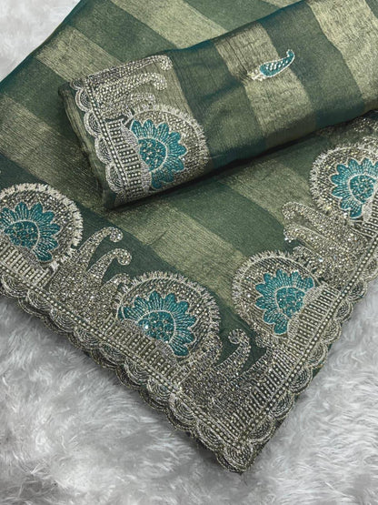 Premium Fandy Chiffon Saree with Zari & Swarovski Embroidery