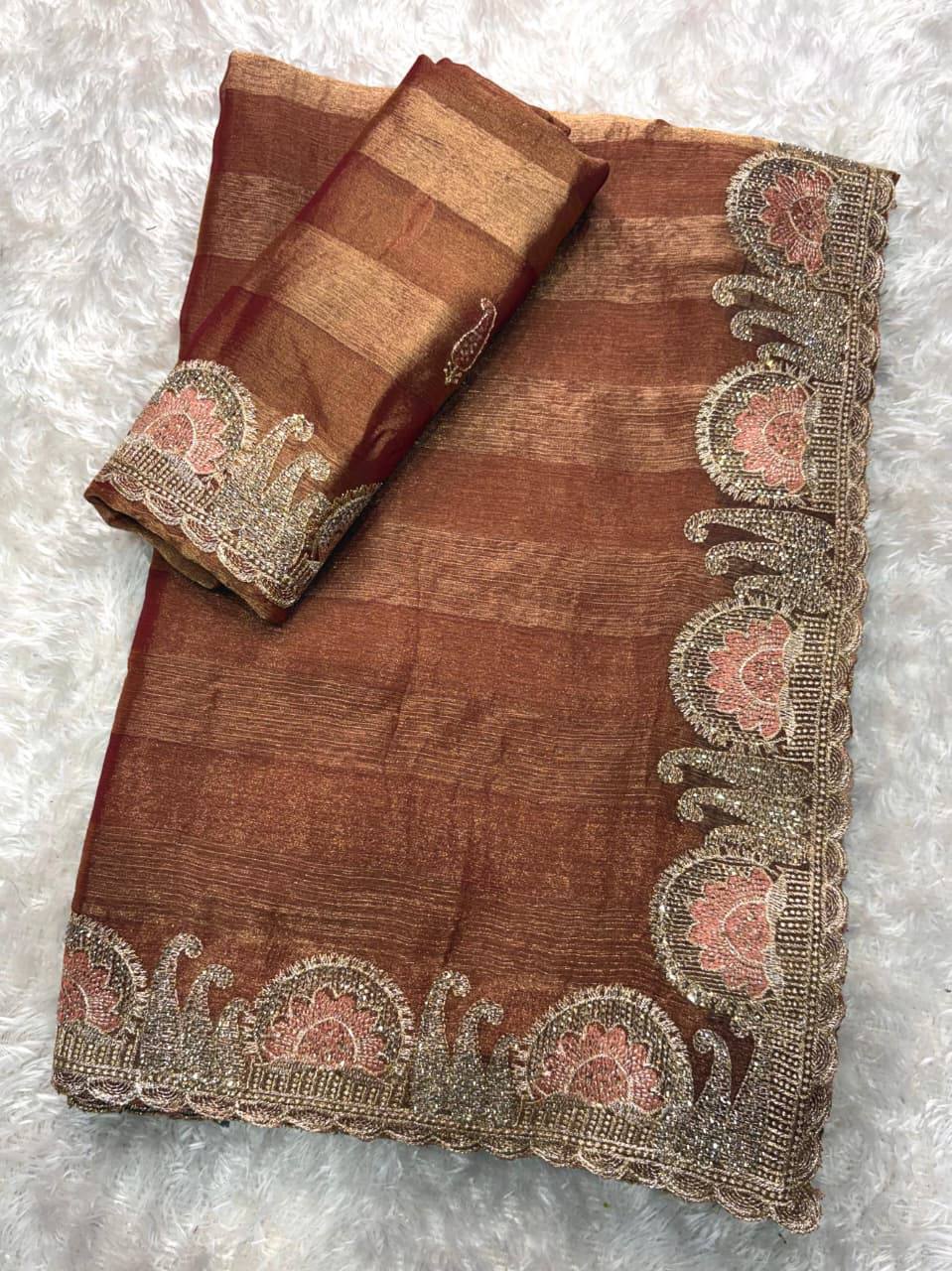 Premium Fandy Chiffon Saree with Zari & Swarovski Embroidery