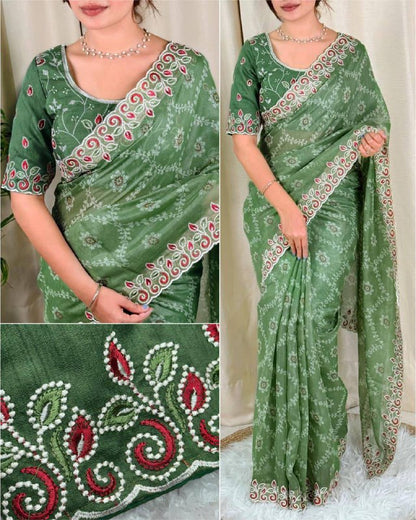 Premium Cotton Satin Saree with Bandhej Print & Mono Banglori Blouse
