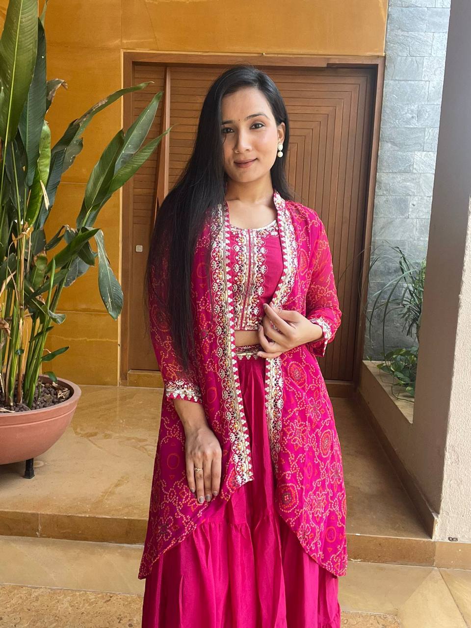 Premium Chinon Bandhej Lehenga Choli with Shrug